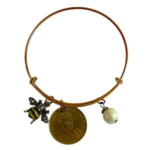 ALEX AND ANI Bronze Bee Italian Coin Replica Faux Pearl Charm Bracelet